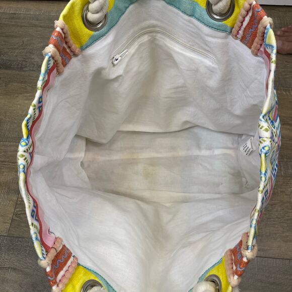 Colorful Beaded Beach Bag Geometric Ikat Print Large Size Bohemian Embroidered - Picture 8 of 9